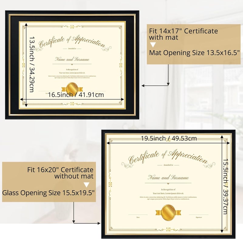 Hodeframe 16x20 Diploma Frame for 14x17 Certificate/Document/Picture with Double Mat(Black and Gold),Wood Degree Frame, Black with Gold Side,UV Protection Acrylic,Wall hanging - Image 4